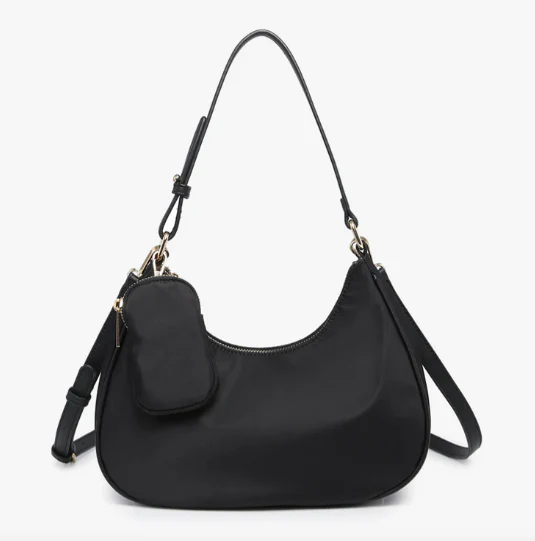 Stylish Black Nylon Shoulder Bag With Detachable Pouch